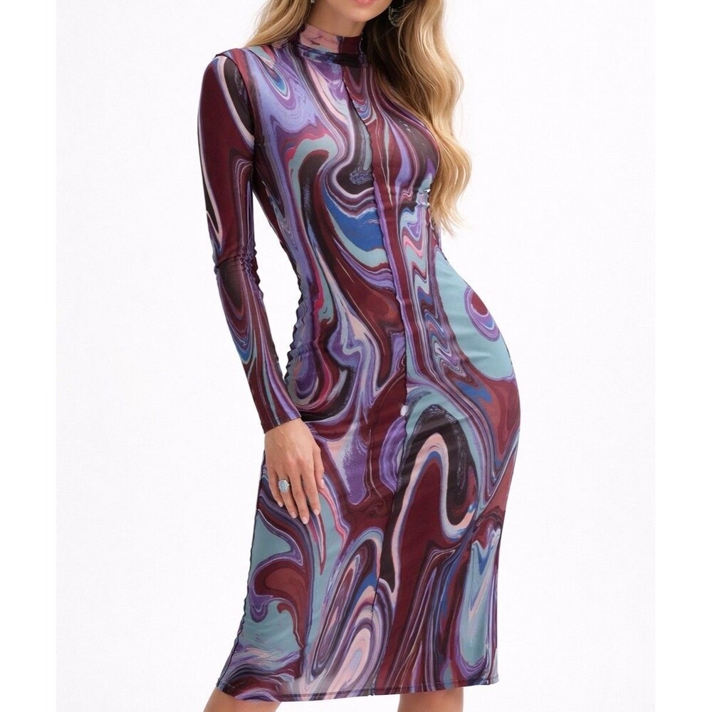 Y2K Bodycon Mesh Midi Dress Size Medium Marble Swirl Art Psychedelic Trippy Club - Picture 2 of 15